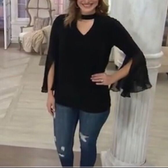 Laurie Felt Knit  Woven Bell Sleeves Top - Picture 1 of 6